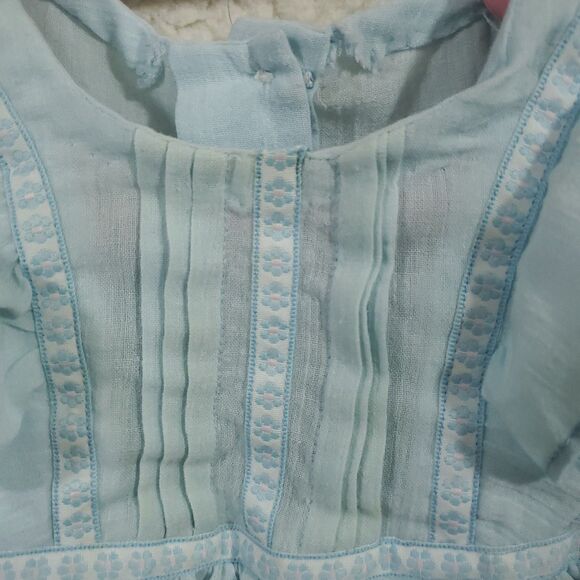 Vintage Girls Handmade Blue Dress Puff Sleeves Back Bow Bodice Pleats & Ruffles - Picture 3 of 11